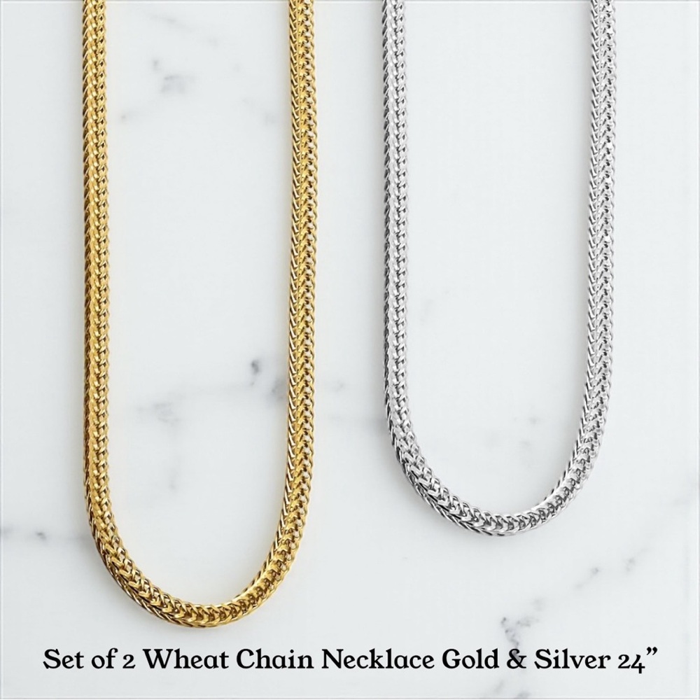 Men’s (UNISEX) CHOOSE Gold OR Silver Wheat Chain Necklace Set 24”